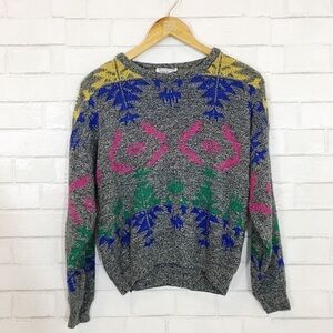 80s Vintage Gray Multi Color Patterned Slouchy Cozy Patterned Sweater